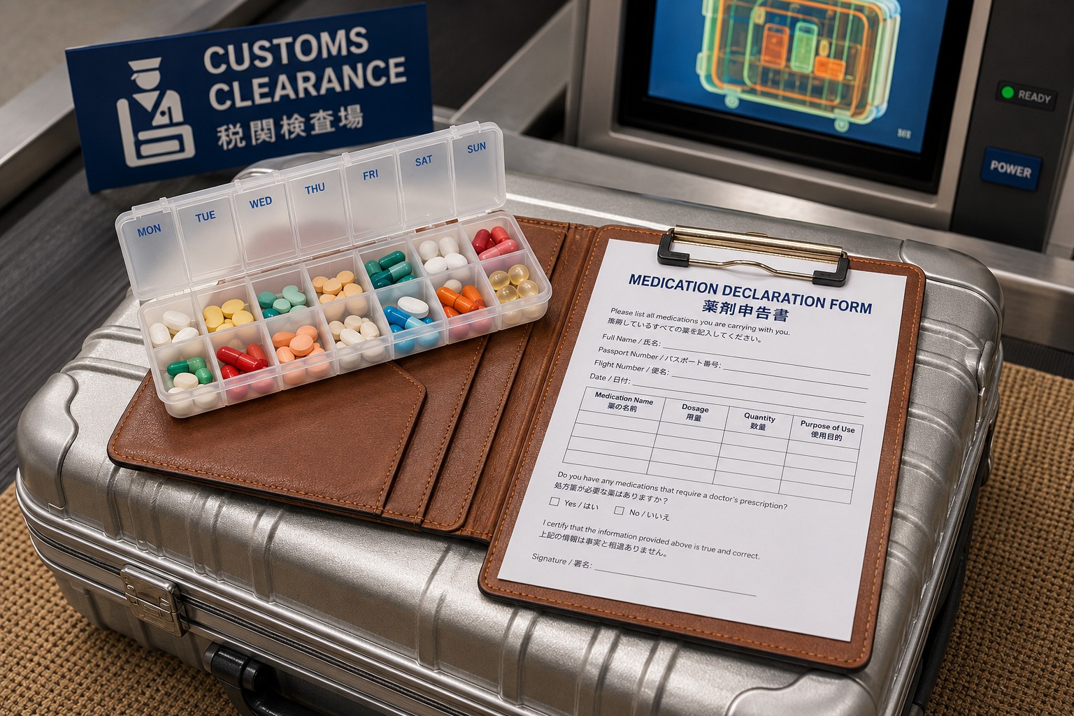 Customs inspection of traveller medication documents at a Japanese airport