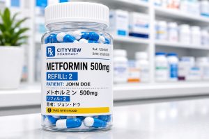 Bottle of prescription medicine displayed in a pharmacy