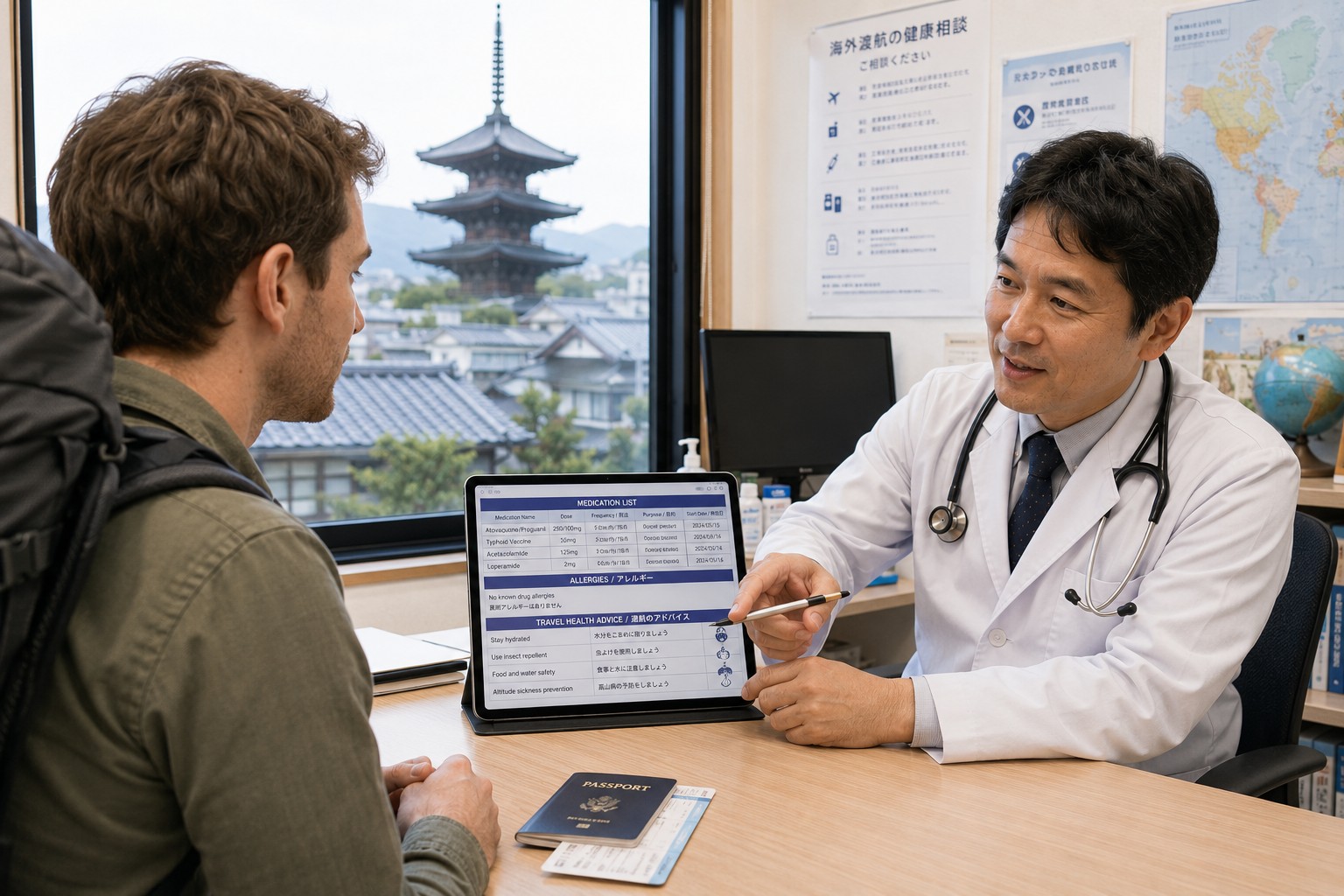 Traveller attending a hospital visit in Japan with medical documents