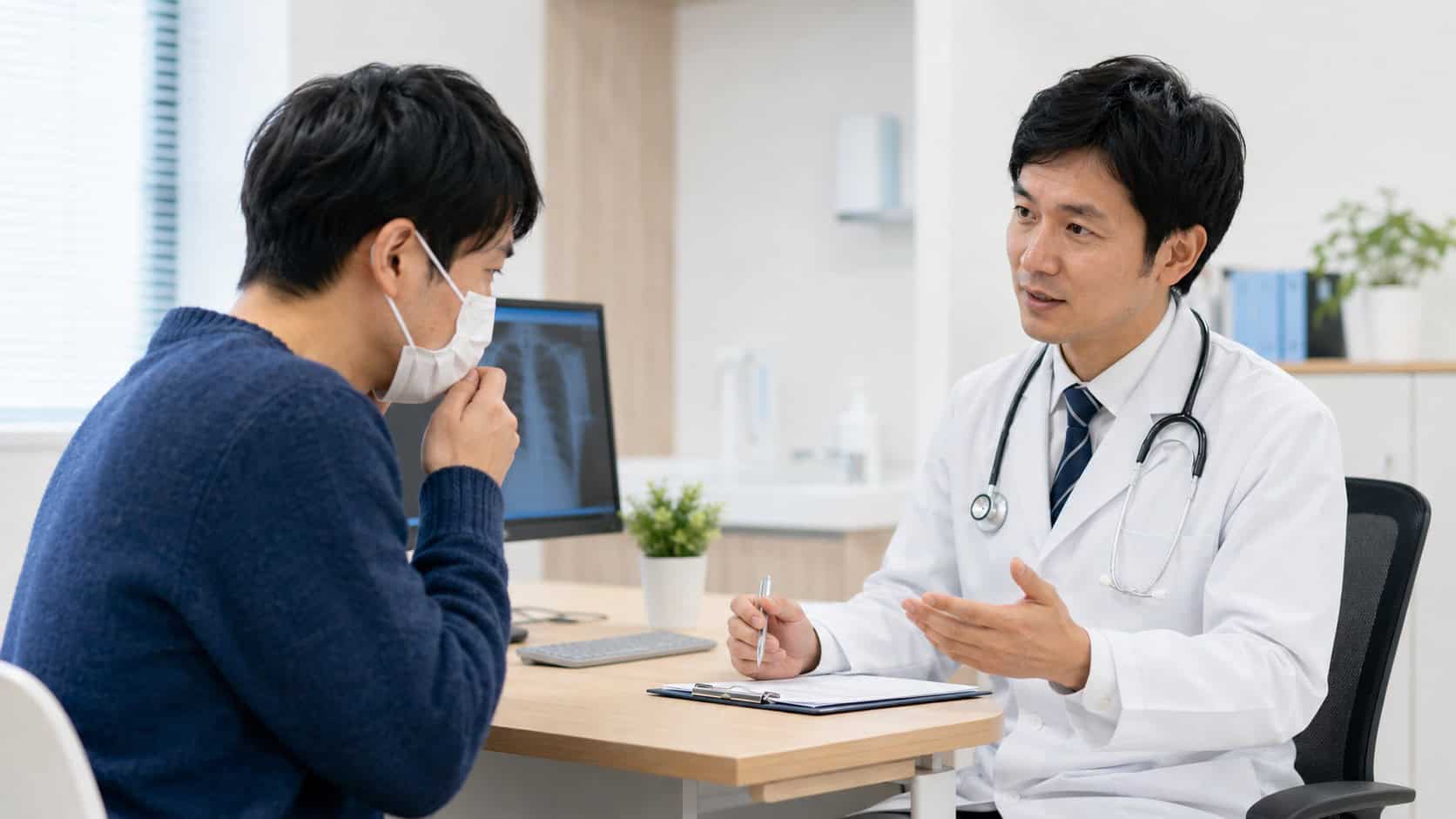 Doctor discussing cold and flu symptoms with a patient in a modern Japanese clinic