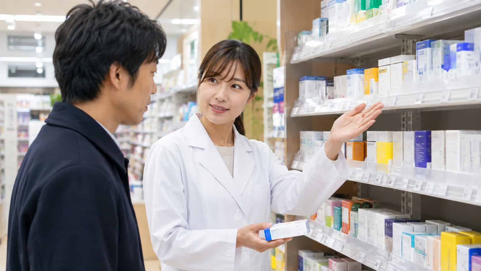 Pharmacist helping a customer choose cold and flu medicine in a modern Japanese pharmacy