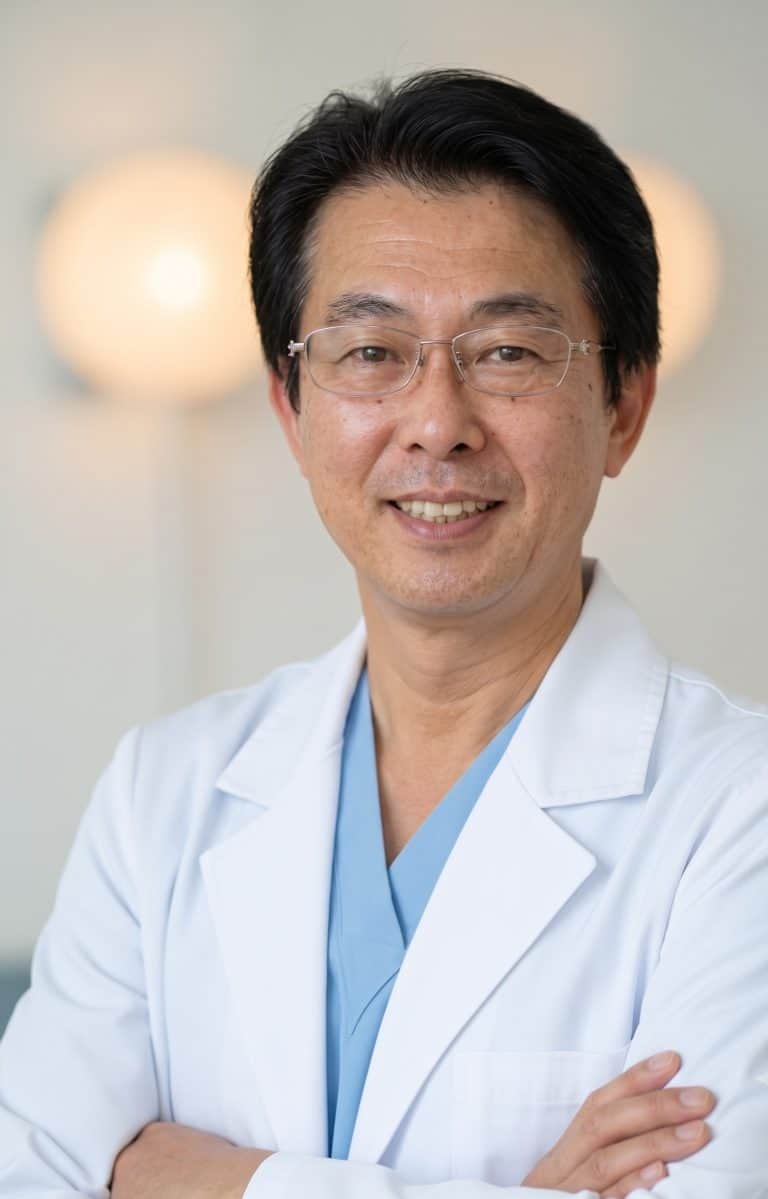 Smiling male doctor wearing glasses in a white lab coat with blue scrubs, arms crossed.