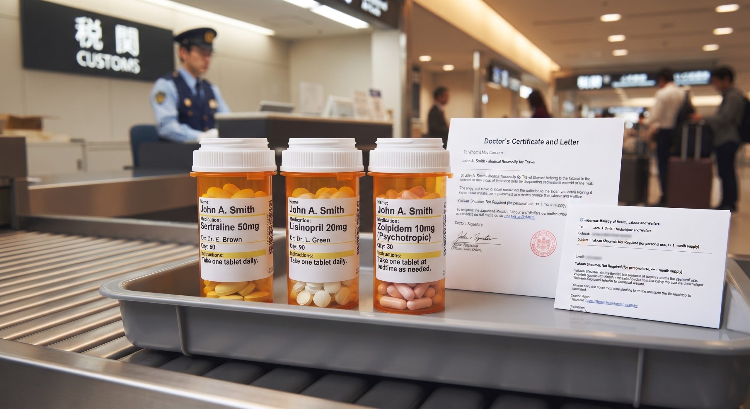 Prescription pill bottles and customs forms at an airport baggage screening area in Japan