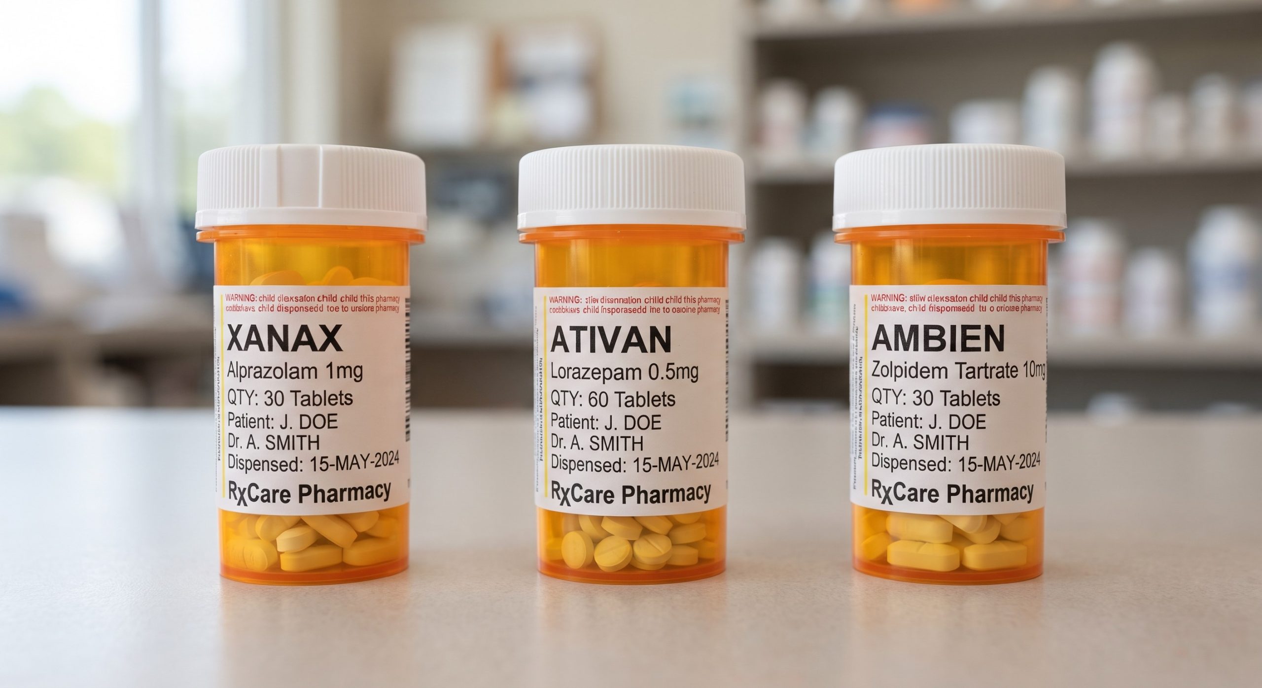 Three prescription bottles labelled Xanax, Ativan and Ambien, the medicines travellers ask about when they bring Xanax to Japan