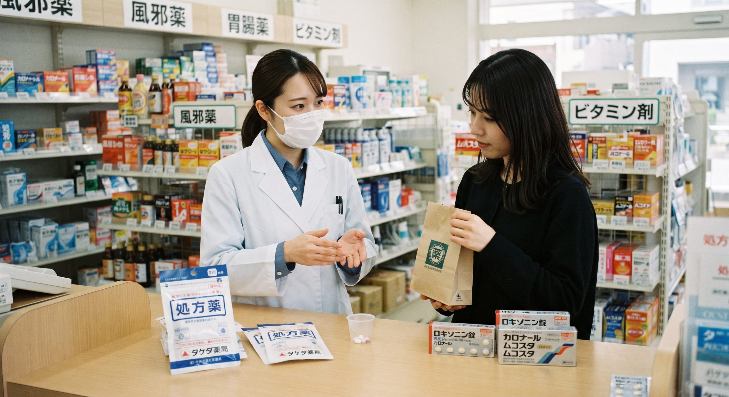 Pharmacist in a Japanese drugstore talking with a customer about medicines at the counter
