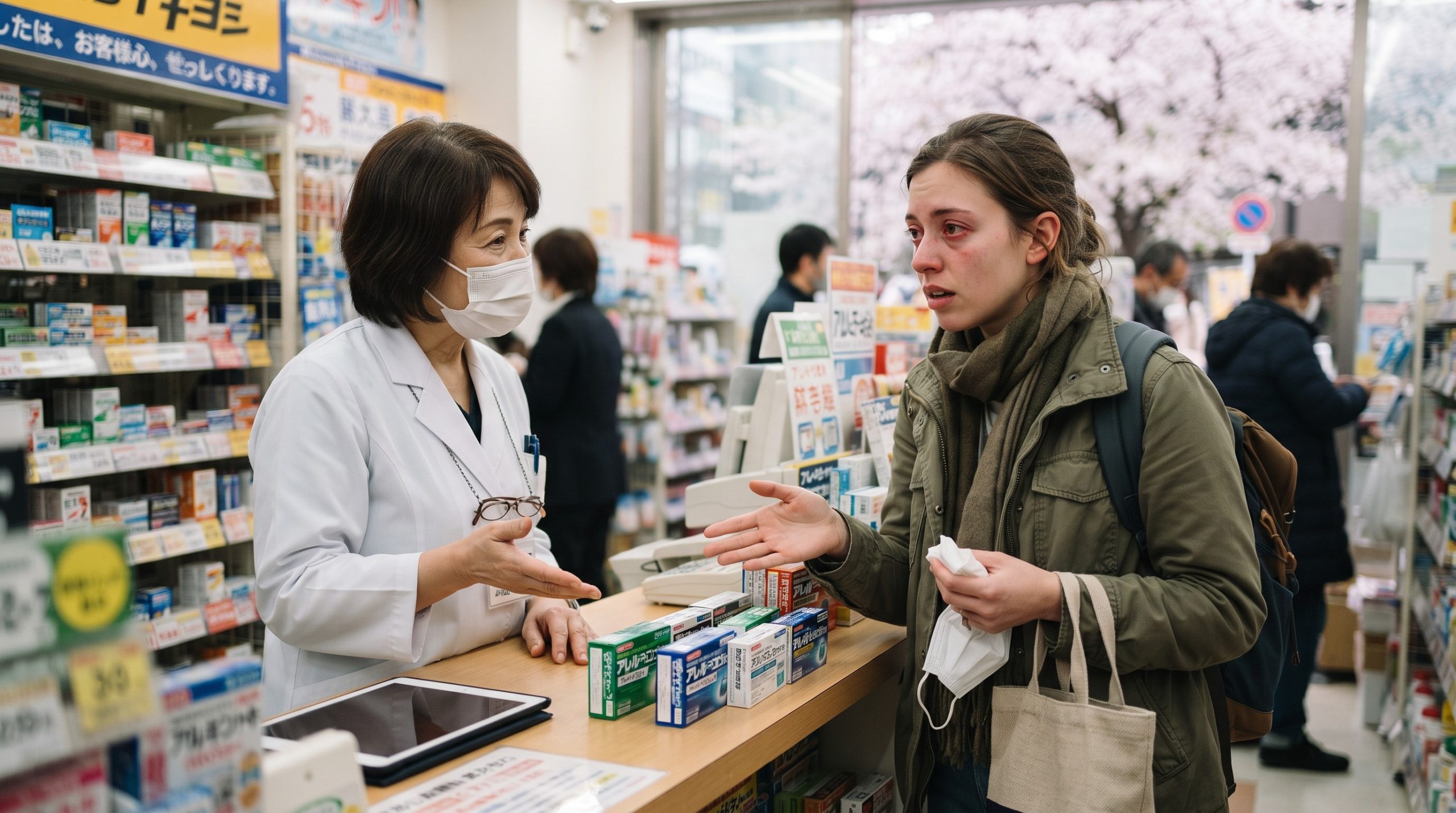 Traveller with allergy symptoms asking a pharmacist for help at a Japanese drugstore during cherry blossom season