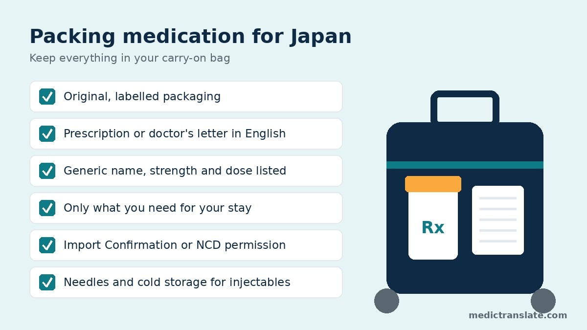 Checklist for packing medication for Japan in a carry-on bag: original packaging, prescription, generic name, documents and injectables