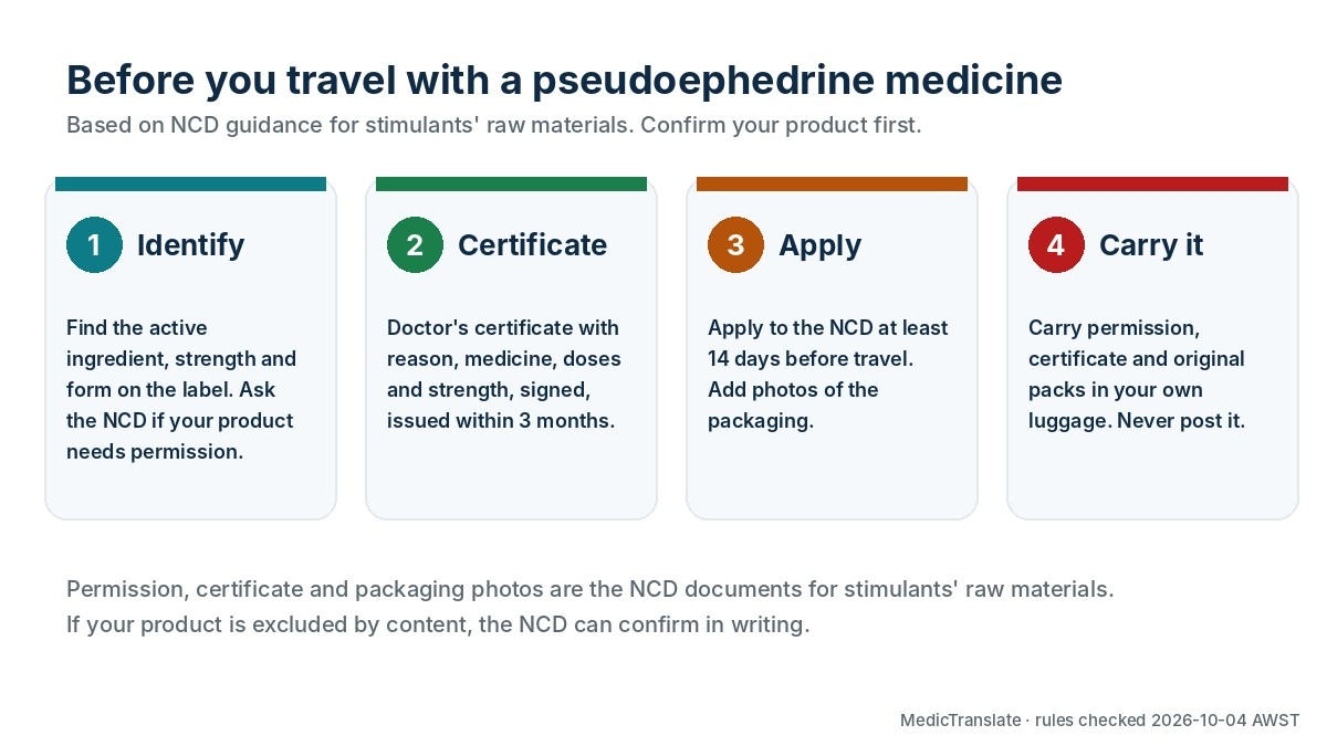 Timeline for bringing a pseudoephedrine medicine to Japan: identify the ingredient, get a doctor certificate issued within 3 months, apply to the NCD at least 14 days before travel, then carry it in your own luggage